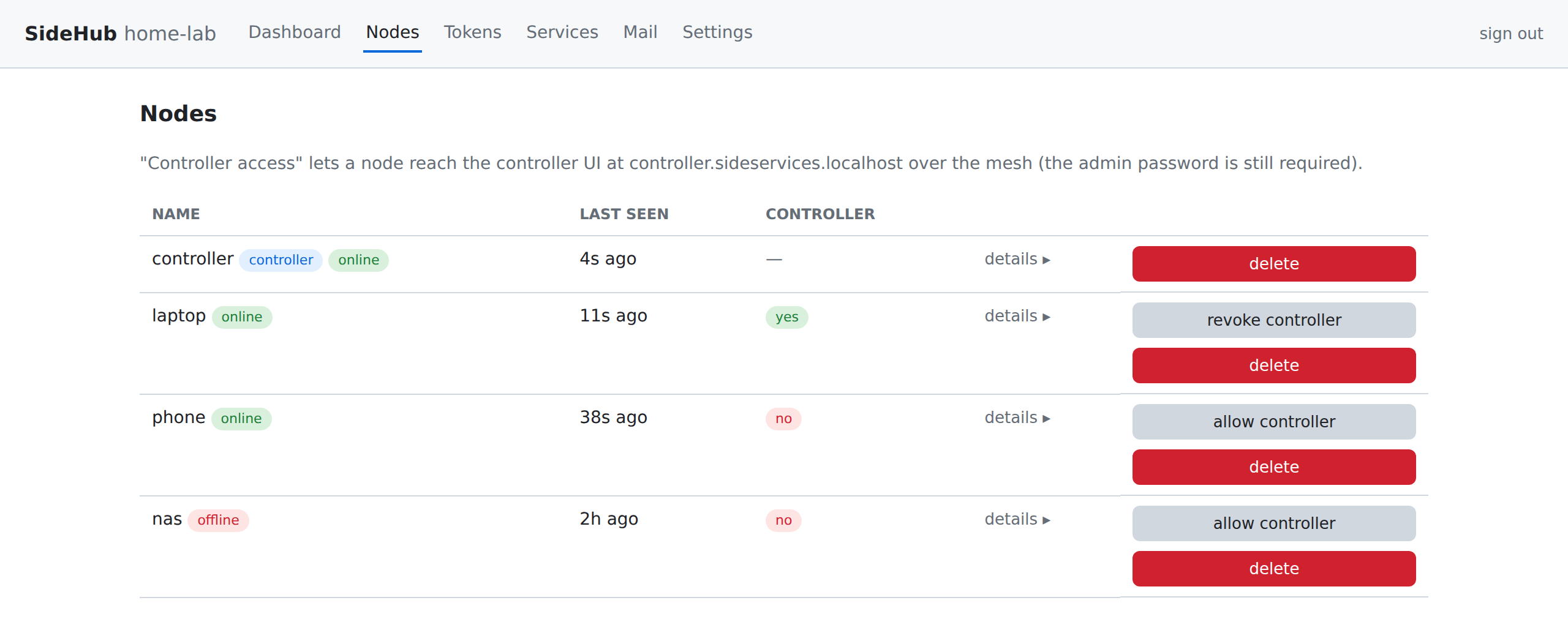 The controller's Nodes page: the devices enrolled in the federation, online or offline, and whether each may reach the controller UI.