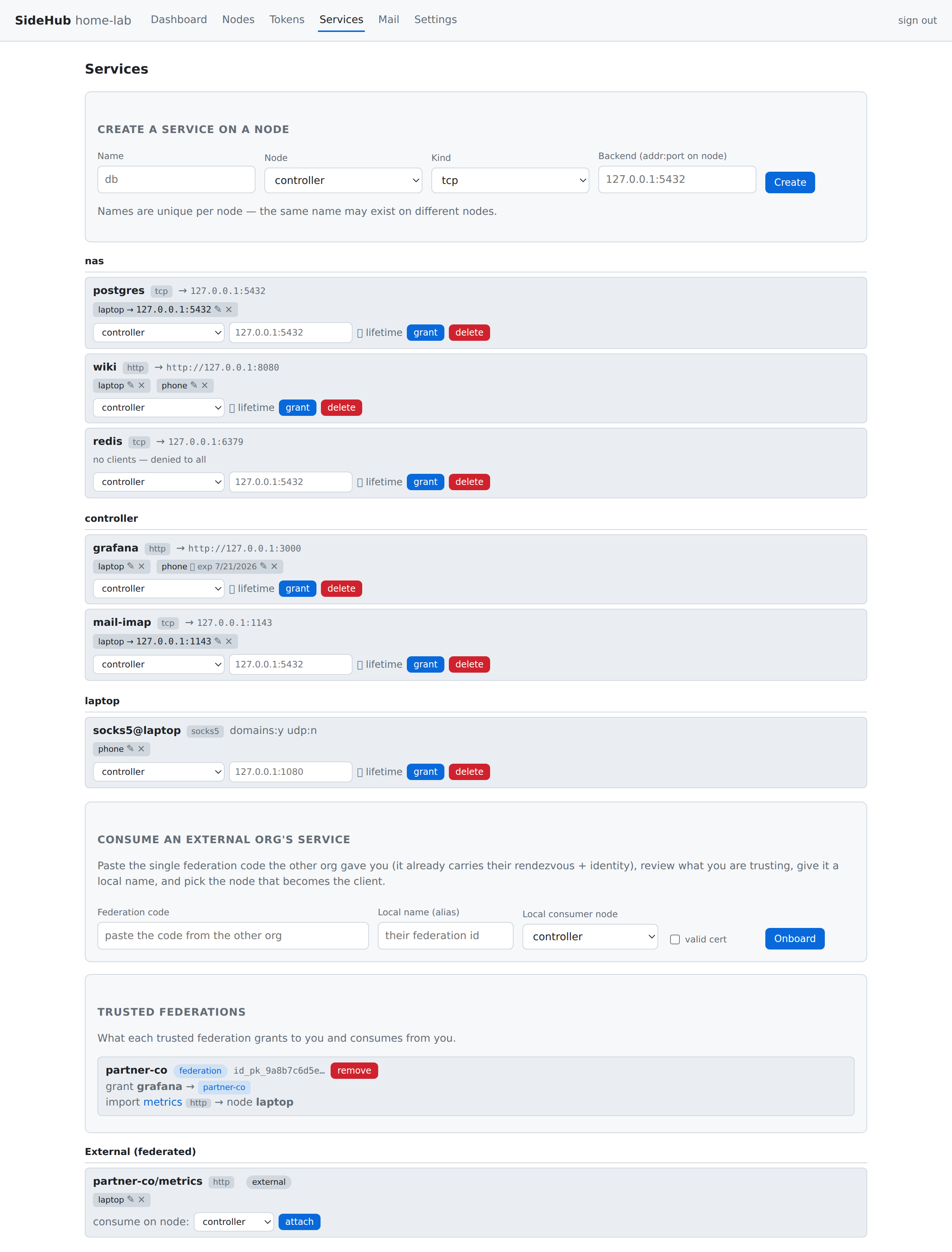 The controller's Services page: services grouped by the node that hosts them — postgres (tcp) to laptop, wiki (http) to laptop and phone, redis (tcp) 'no clients — denied to all' — plus the panel to consume an external org's service and the trusted federations.