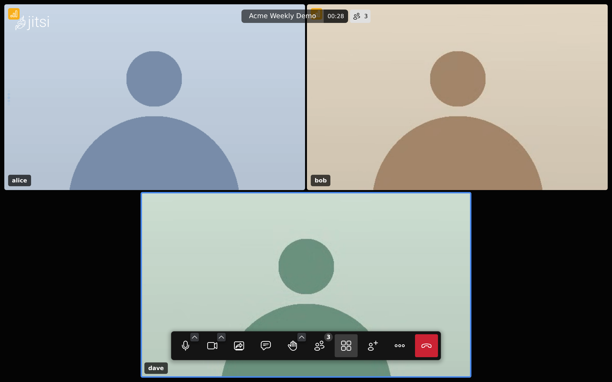 A video call between alice, bob and dave on the federation's own meeting server, each joined under the name they signed in with.