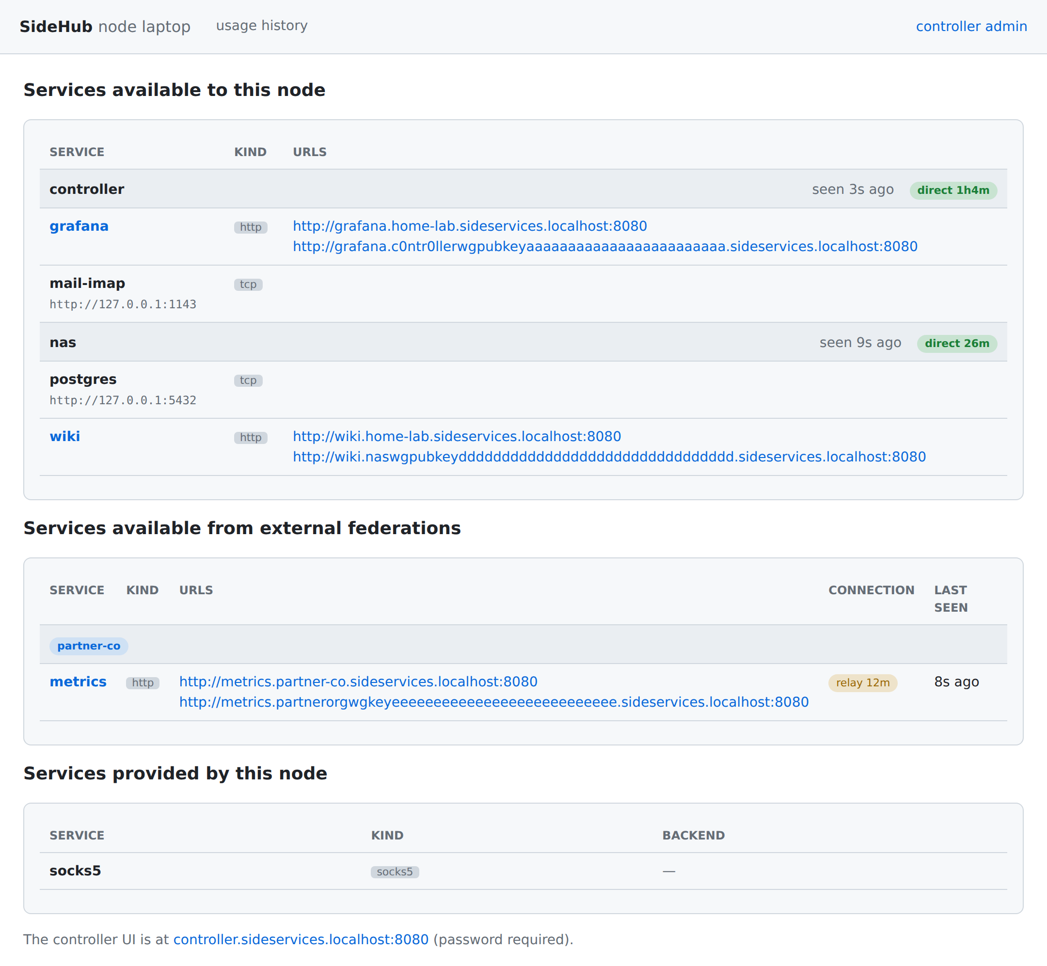 A node's service list at sideservices.localhost: services available to this node grouped by provider, each HTTP service browsable at http://service.federation.sideservices.localhost, plus tcp services on a local port and services from an external federation.